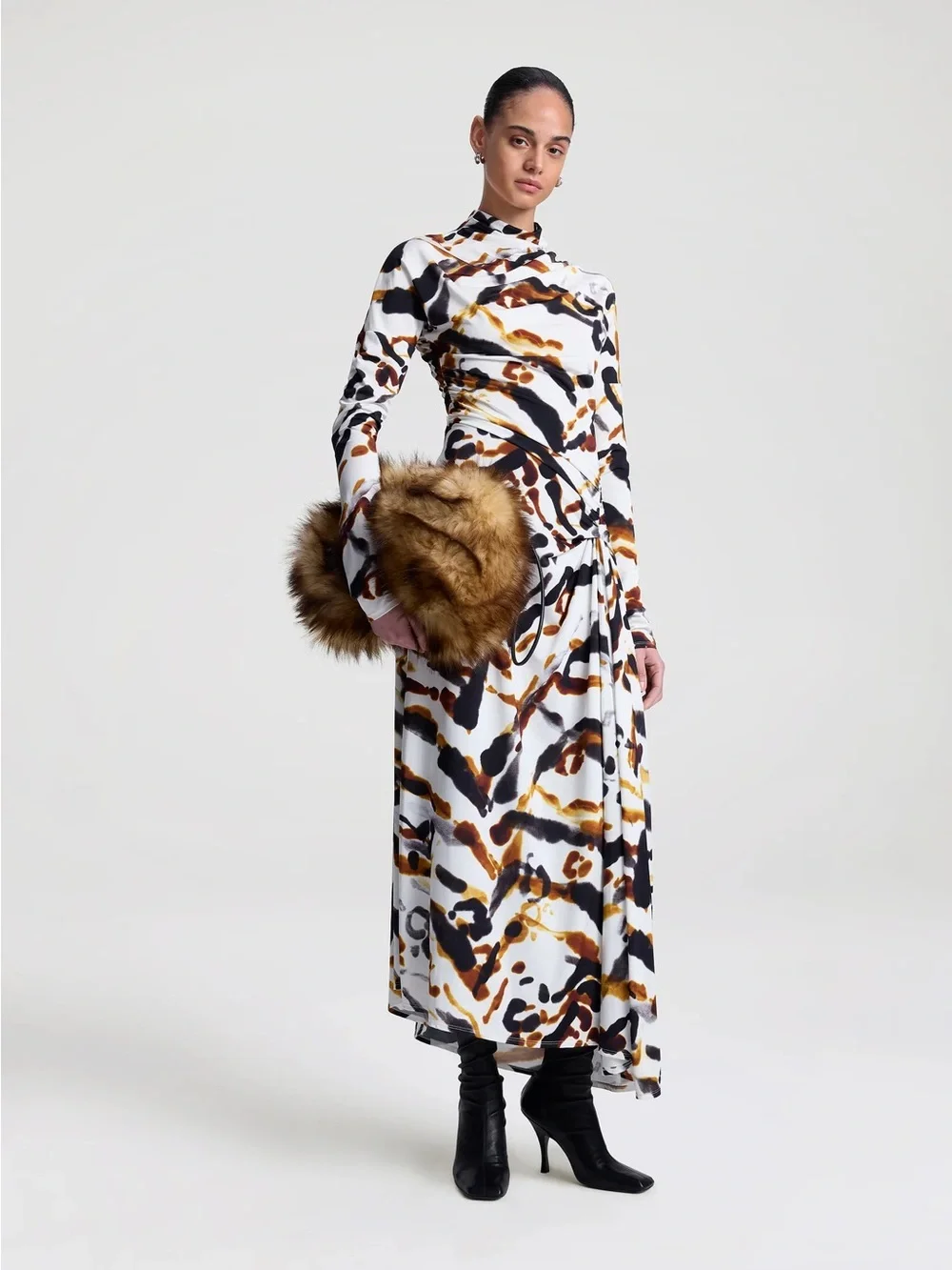 A.L.C. Lia Jersey Printed Maxi Dress Black Camel Abstract Ruched XL $795